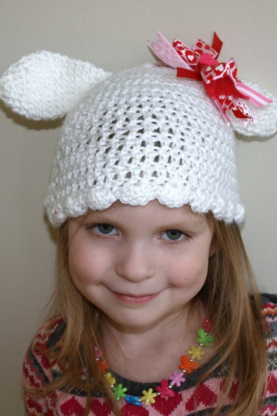 white crochet bunny hat for child