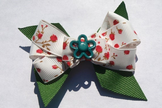 red and green rose hair bow- flower bow- summer hair clip