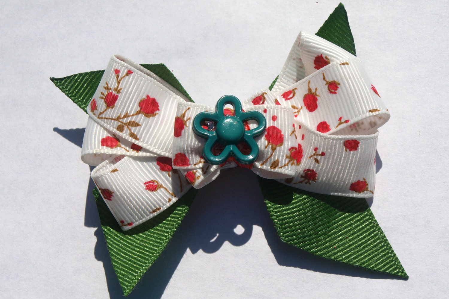 red and green rose hair bow- flower bow- summer hair clip