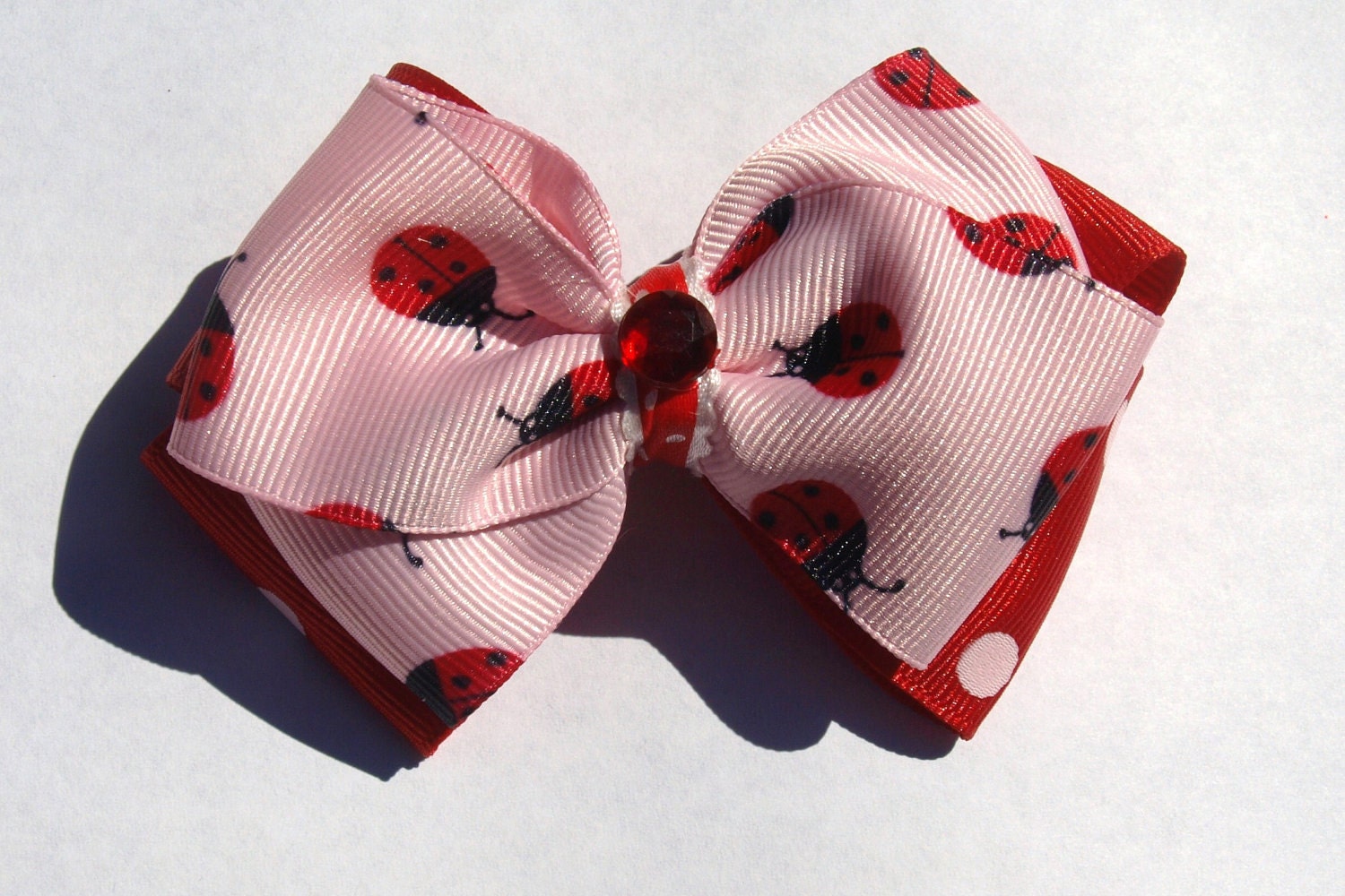 pink and red lady bug hair bow- polka dot hair clip- girls accessories