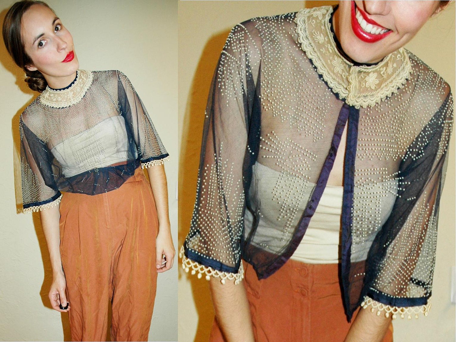 vintage VICTORIAN 1890s 1900s SHEER Mesh LACE Collar Antique Blouse