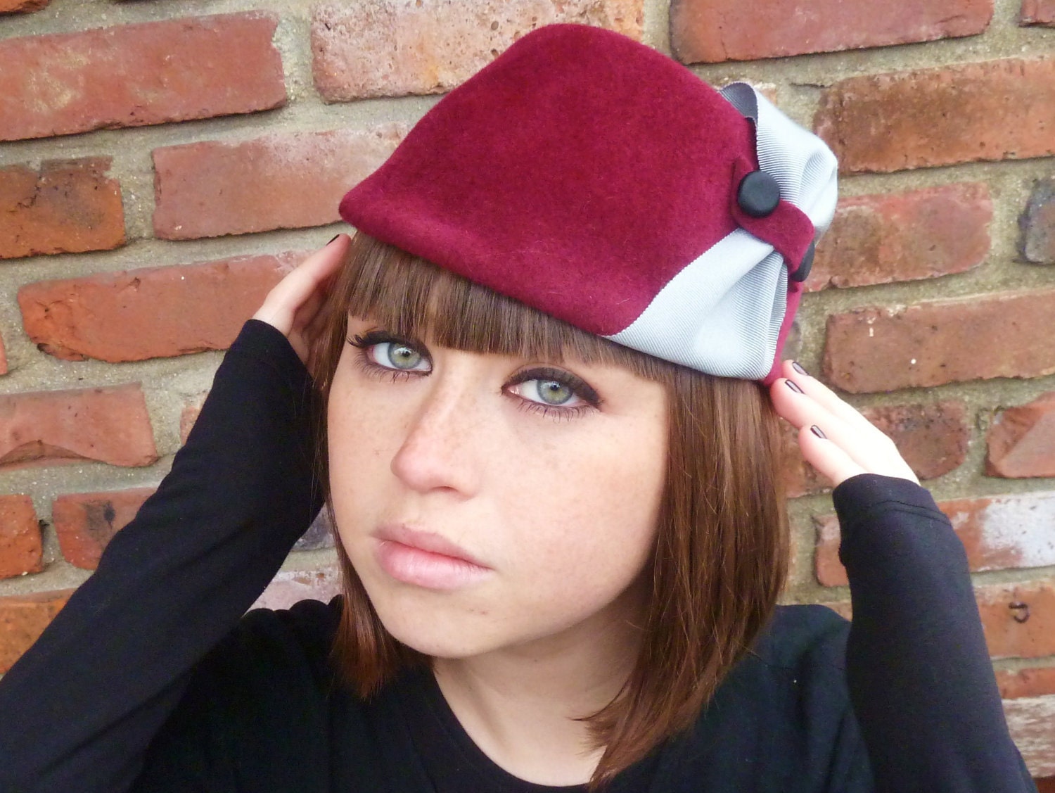 Wine Colored Cocktail Hat With Silver Grey Grosgrain Trim