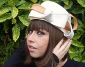 Women's Handmade Upcycled Straw Cocktail Hat In White and Peach