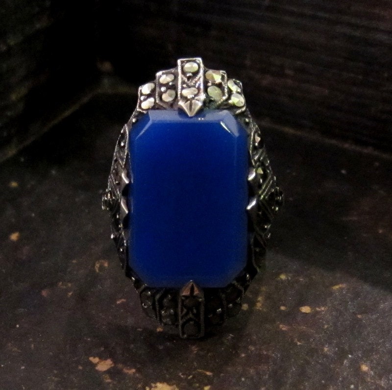 Vintage Ring, Massive Art Deco Chalcedony and Marcasite Ring in Sterling Silver circa 1920s