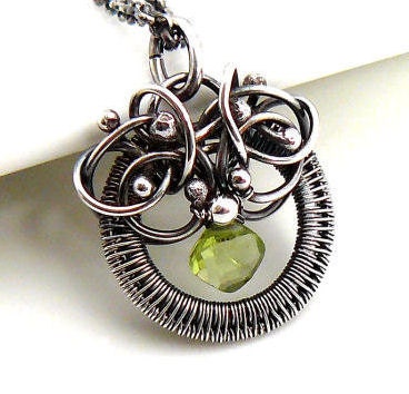 SALE - Wire wrapped peridot pendant - Sterling silver necklace, august birthstone