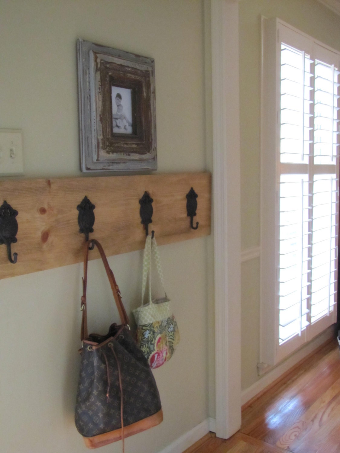 Cast iron hooks on pine board, organize coats/bags/jewelry, The Charming Wall, wall decor, kitchen, mudroom