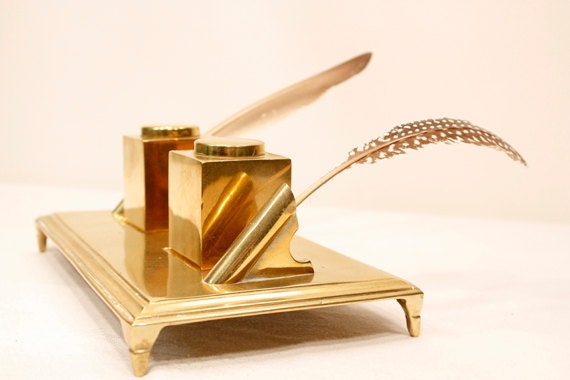 Vintage Solid Brass Inkwell Stand
