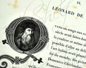 Decorative Letter Q from 1870 Vintage French Art History Book plus French text on Aged Shabby Chic Paper.