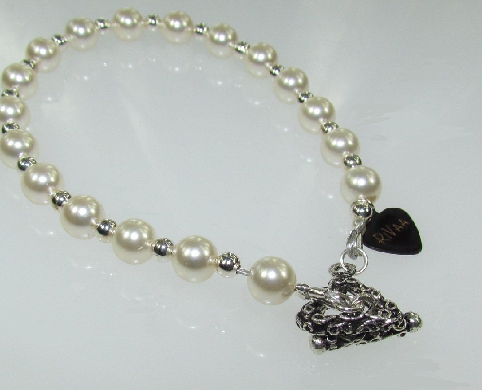 White Swarovski Crystal Pearls with Silver Plated Beads Bracelet