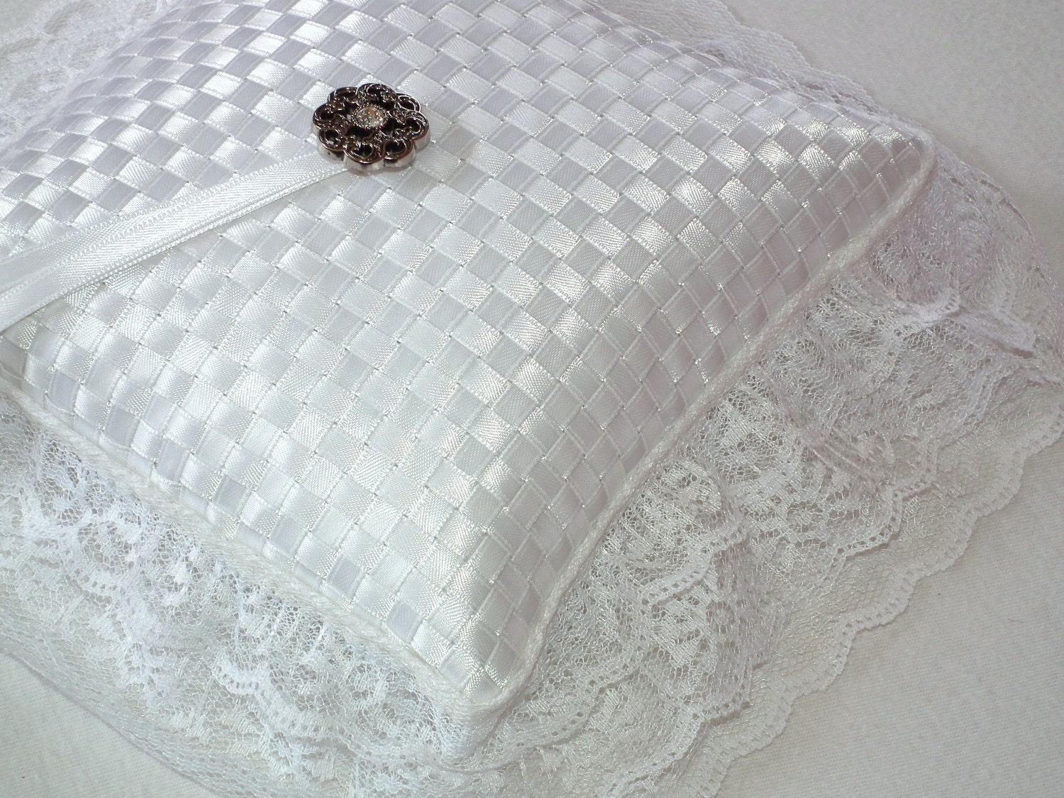 Ring bearer pillow, snow white hand-woven satin ribbons, classic, traditional wedding