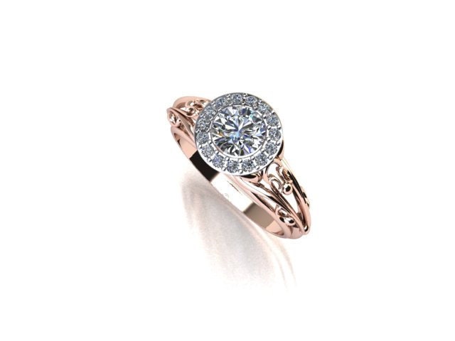 Diamond Halo Scroll Engagement Ring 14K Rose Gold 14K White Gold