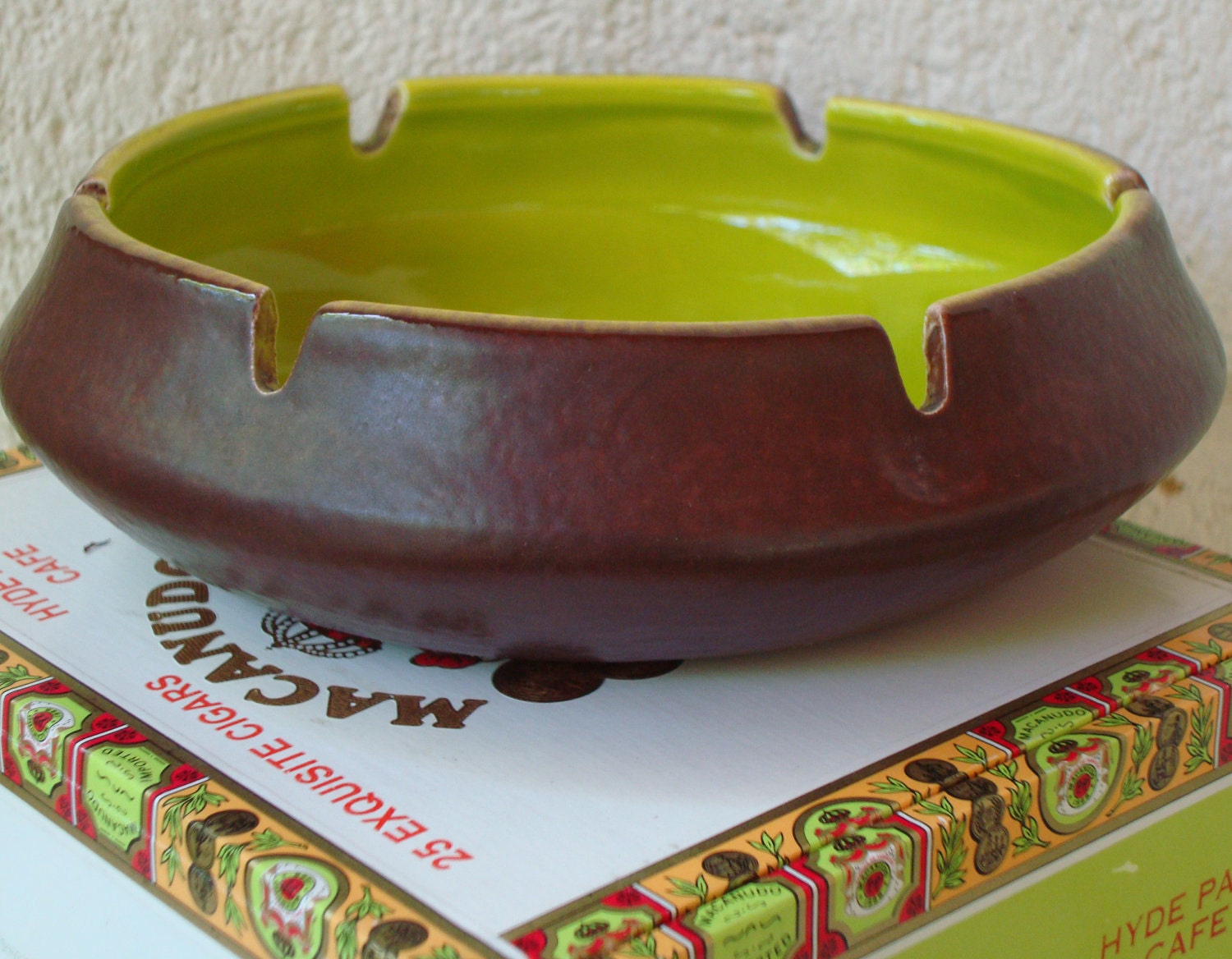 Vintage LIME GREEN and BROWN Ashtray Trinket Bowl: Fathers Day Gift Idea