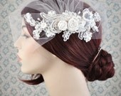 Wedding Veil - Tulle Birdcage Veil with Organza Lace and Silk Rosettes, Ivory lace blusher veil