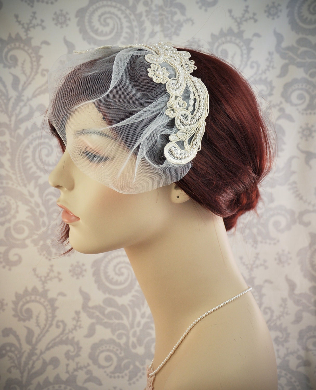Bridal Veil - vintage style wedding veil hand beaded veil, ivory tulle birdcage veil, hand beaded lace, vintage style blusher veil