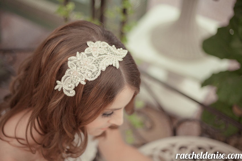 Champagne Lace Headband - Hand Beaded Swarovski pearls and Swarovski crystals.