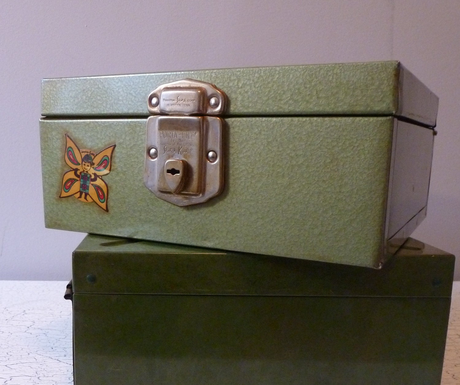 two vintage metal bank boxes with keys - industrial home