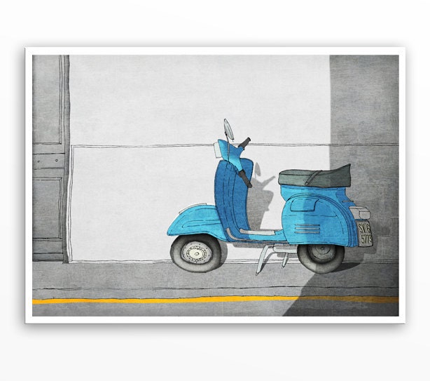 Vespa - Paris illustration - 5x7art print - Paris,Paris art illustration print,Paris decor,Vespa,turquoise,blue,white,France,French fine art