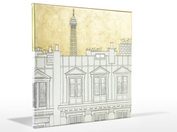 Paris rooftops - Original acrylic painting - Paris painting, Ready to hang,Art,Eiffel tower,Silver,Gold,White,Paris decor,French fine art