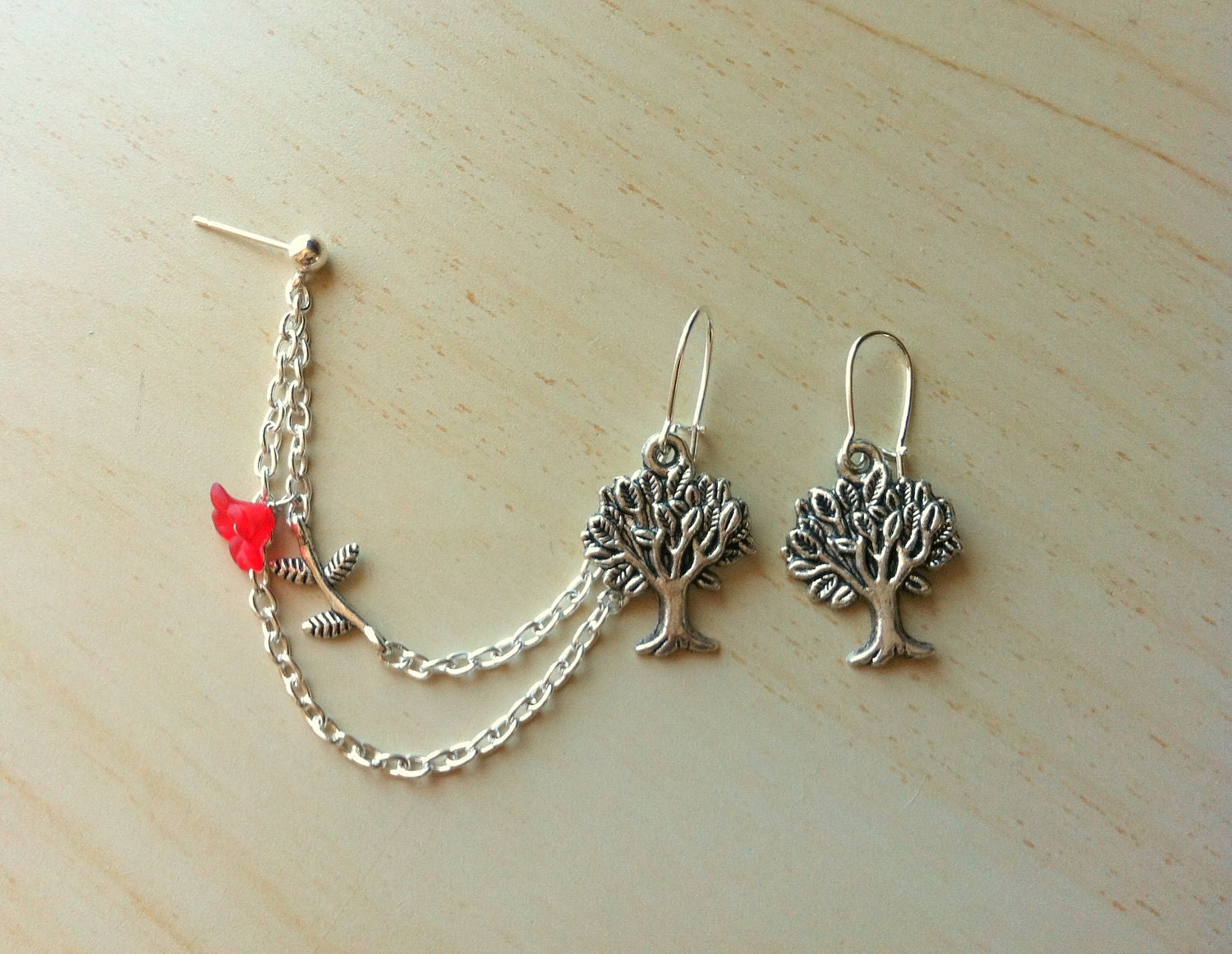 Silver tree and flower with branch nature earring double piercing ear cuff