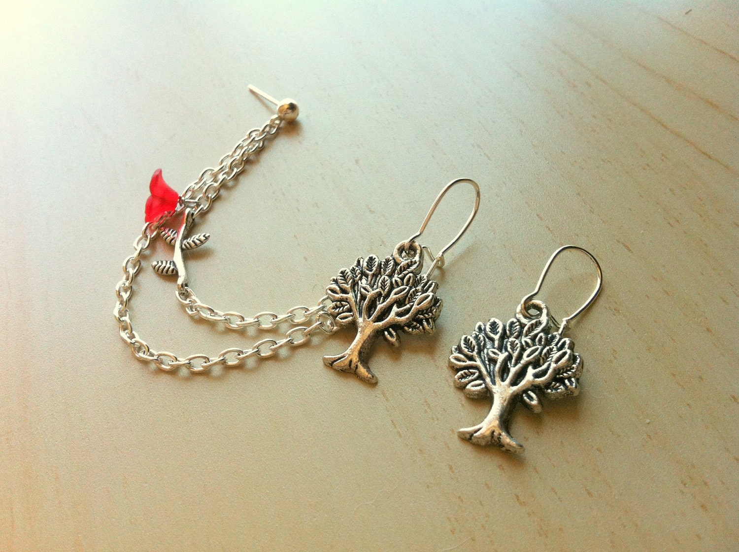 Silver tree and flower with branch nature earring double piercing ear cuff