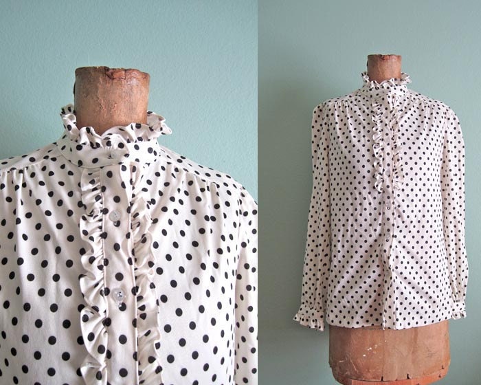 vintage black and white polka dot blouse S-M