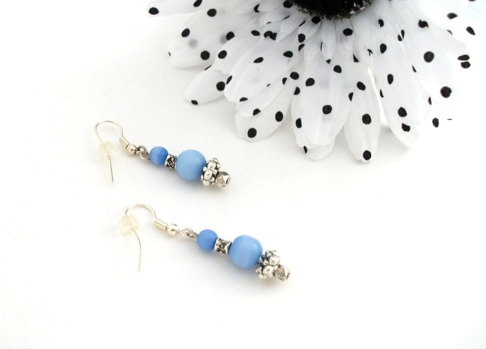 TossOn Earrings Dancing Sky of Sky Blue Glass and Silver Metal Beads