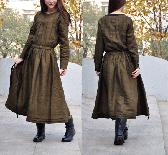 Linen Maxi Trench Coat Dress in Amy Green - Custom Made