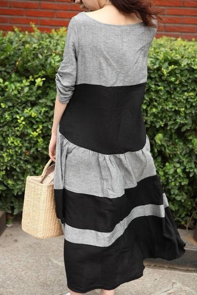 Linen Contrast Color Long Dress- Made to order