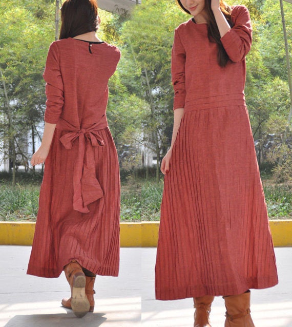 Pleated Linen Long Dress Gown - Custom Made