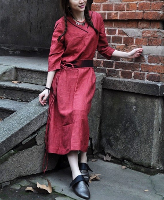 Red Long Dress/ Linen Evening Dress Gown - Made to order