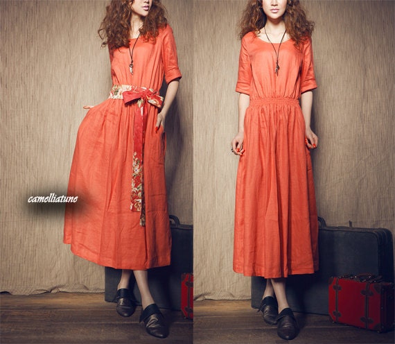 Long Cocktail Dress/ Linen dress/ Orange Bridesmaid Dress (Custom Made)