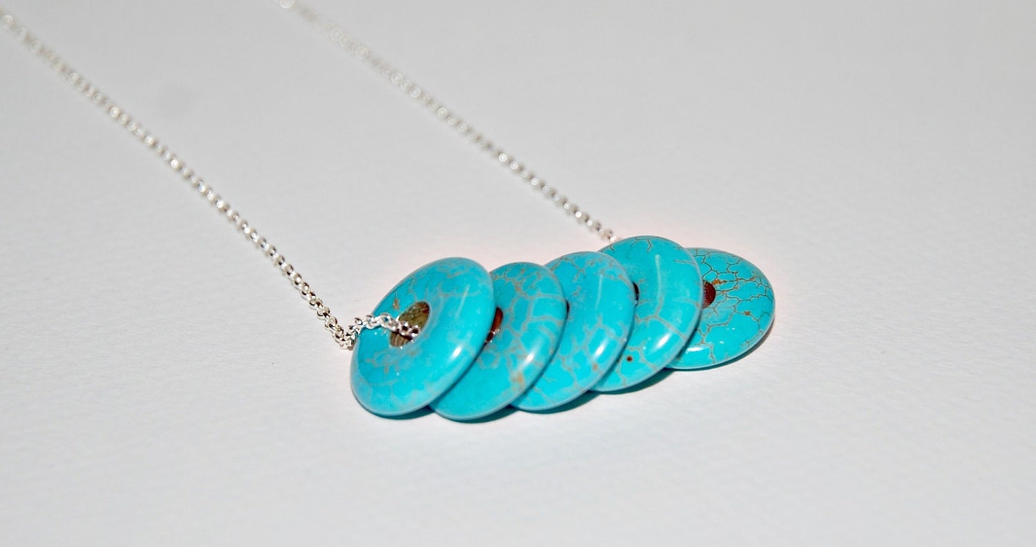 Silver and turquoise necklace - sterling silver chain - five smooth turquoise howlite donuts coins - modern statement jewelry - ambrosia