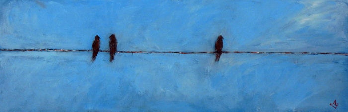 BIRDS on a Wire Painting ORIGINAL Blue Painting Blackbirds, Ready to Hang 30x10, Whimsical ART by Abbie Blackwell