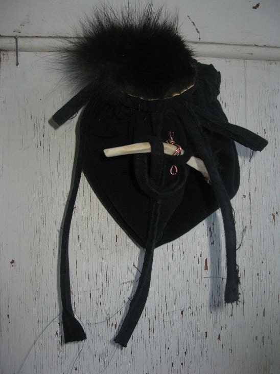 skunk fur and deer bone clasp black drawstring faery belt pouch