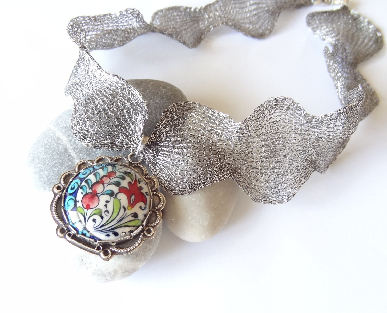 925 Sterling Silver and Titanium Necklace with The Tile of Ottoman Turkish Necklace OOAK, Feminine valentines
