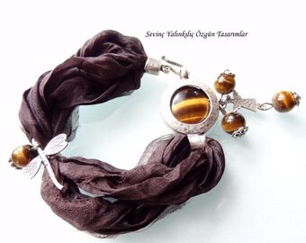 Tiger eye brown silk, silver-plated bracelet-Kentucky derby Bracelet-Feminine, Handmade, OOAK, Christmas,