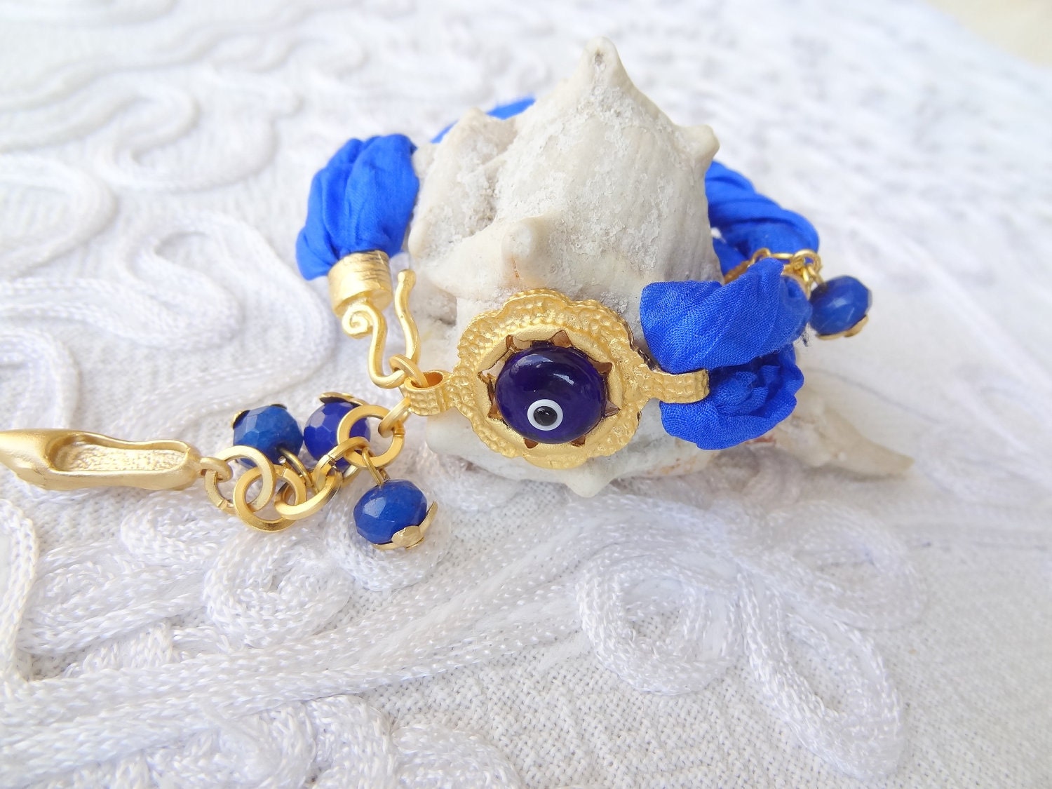 Reserve Turkish Silk Night Blue Bracelet -Luck Eye Bead Bracelet-Gold Bracelet