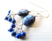 Lapis Lazuli cluster dangle earrings. Natural gemstone. Dark blue. Arabian nights. Classic