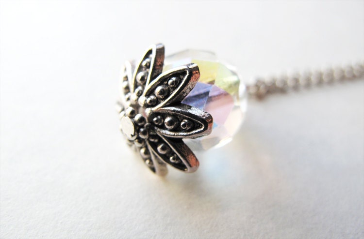 Purity necklace. Crystal lotus flower pendant. Clear white crystal. Silver flower.