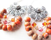 Tangerine & silver chandelier earrings. Apricot Jasper and Swarovski crystals. Tropical punch. Crystal earrings.