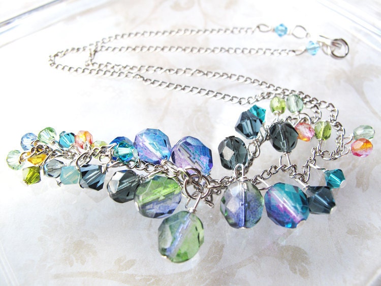 Ocean blue cluster necklace. Swarovski crystals. Bohemian glass. Aquamarine. Nautical look.
