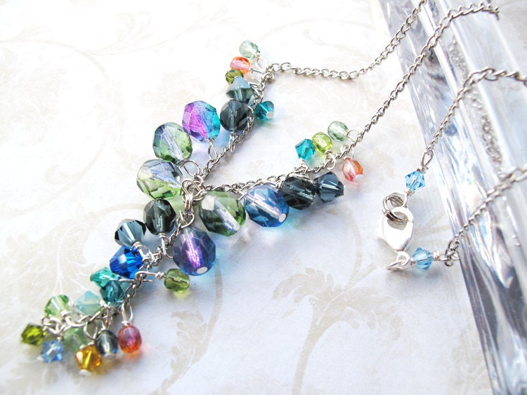 Ocean blue cluster necklace. Swarovski crystals. Bohemian glass. Aquamarine. Nautical look.