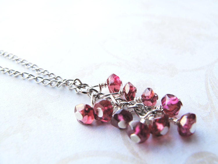 Spring fashion cluster necklace - red cherry blossom - natural gemstone - wire wrapped - january brithstone