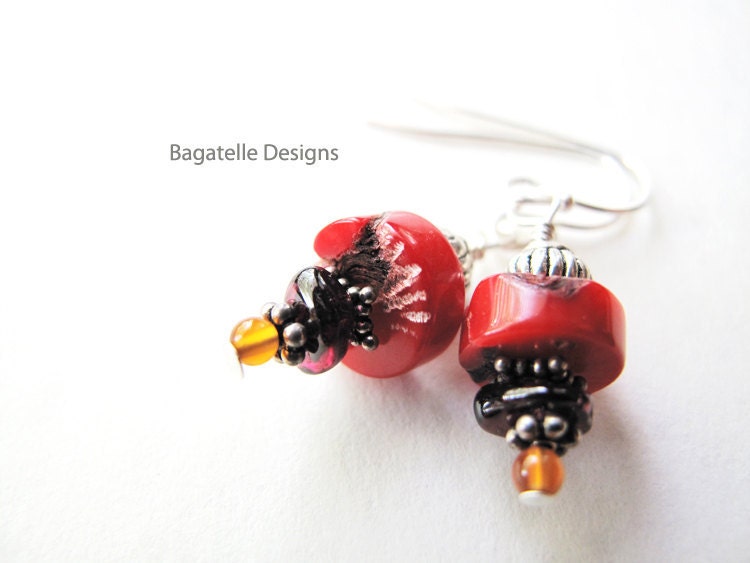 Red bohemian beaded earrings. Tribal ethnic. Petite red coral dangles. Fall fashion jewelry.