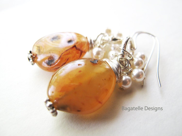 Fall fashion jewelry. Autumn spices. Pumpkin carnelian earrings with creamrose cluster of pearls. Butterscotch