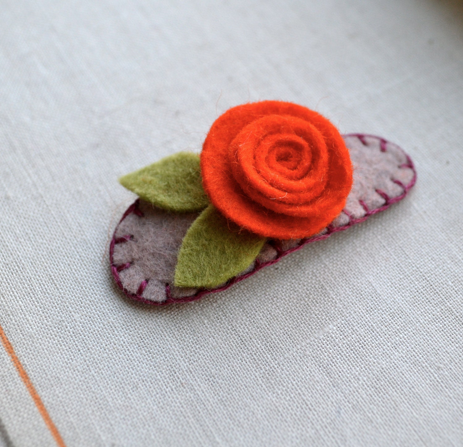 Felt Flower Rose Barrette in Orange, Pink and Pale Green