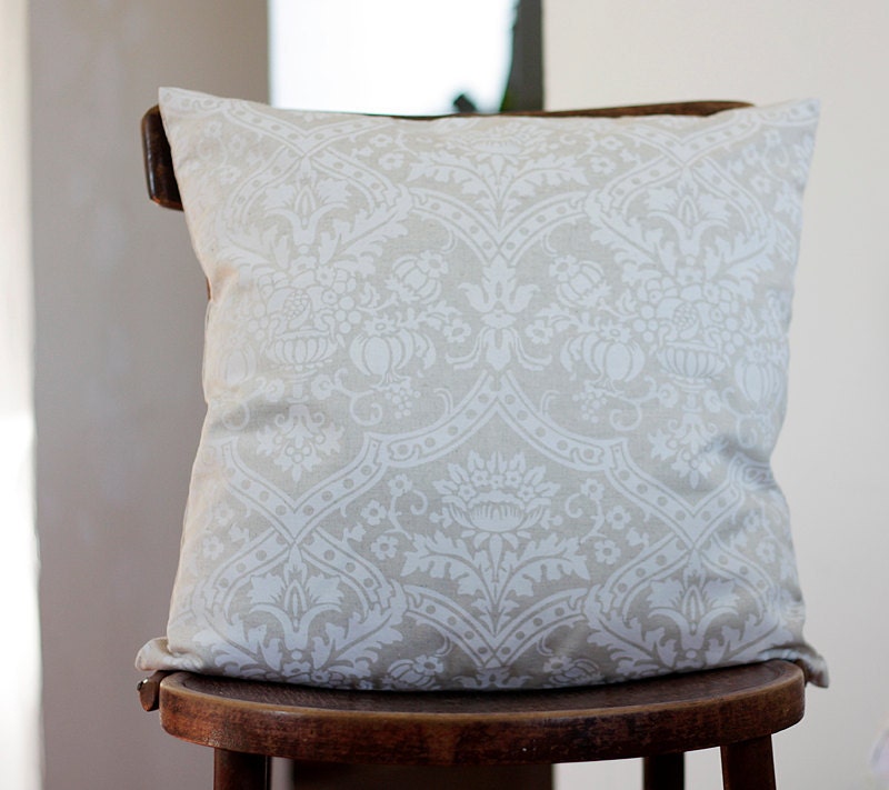 White pillow cover - damask print on linen - 14x14