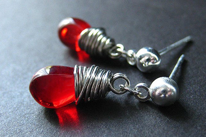Drop Earrings : Wire Wrapped Crimson Red Teardrop Stud Earrings. Handmade Jewelry.