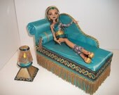 Furniture for Monster High Dolls Handmade Chaise Lounge Bed for Nefera with Bolster Pillow Pyramid Table and Working Lamp