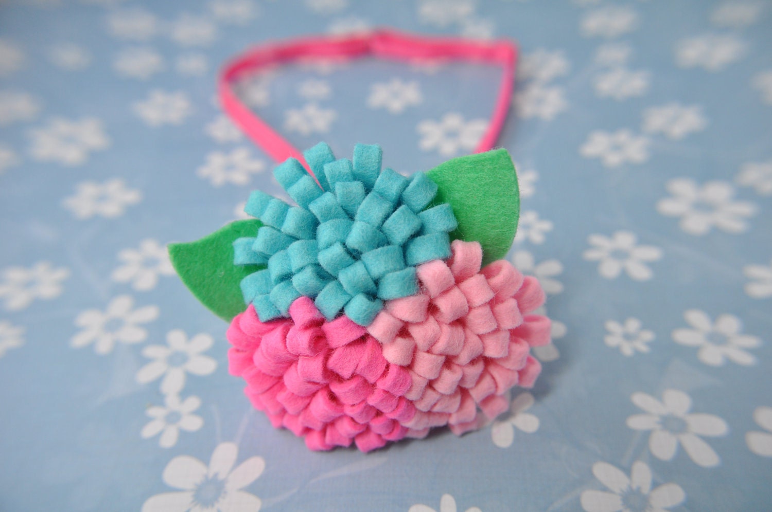 Flower Headband - Pink, Bright Pink, and Turquoise Pom Flowers, 100% pure wool felt - Adjustable Headband, Women, Girls, Baby Hair Accessory